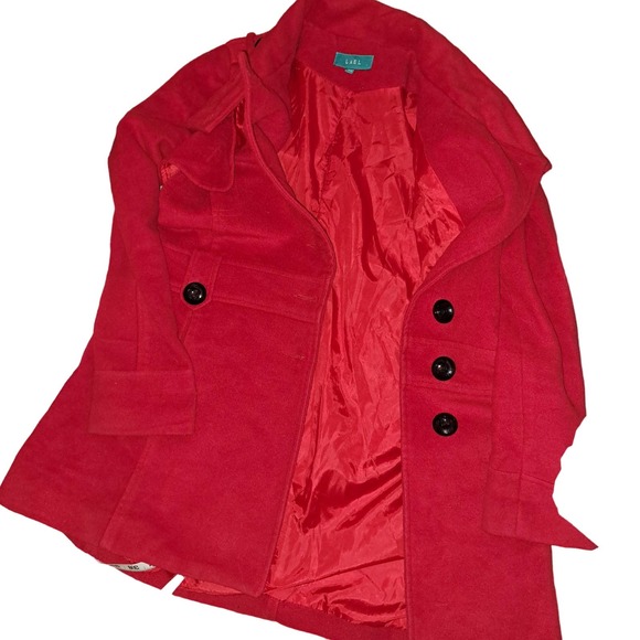 FLIRTY RED Coat Black Fleece Buttons peek-a-boo button up neck Sz SMALL Ladies - Picture 11 of 11